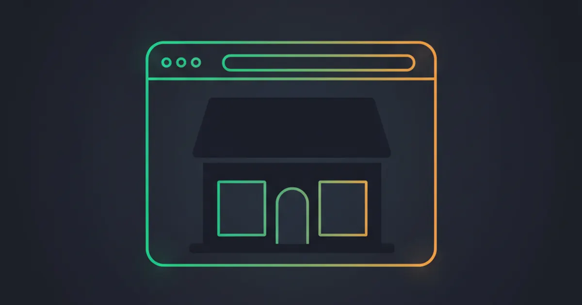 Abstract geometric illustration of a storefront silhouette doubled by a translucent browser-window outline