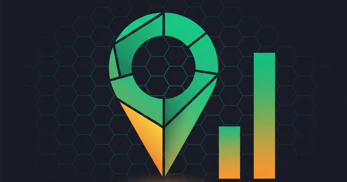 Abstract geometric illustration of a stylized map-pin over a hexagonal-grid map texture with three rising rank-bar indicators